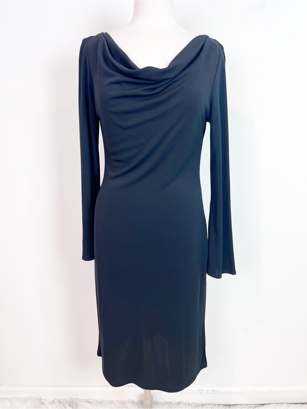 BCBG MAXAZRIA BLACK LONG BELL SLEEVE COWL NECKLINE DRESS SZ MEDIUM